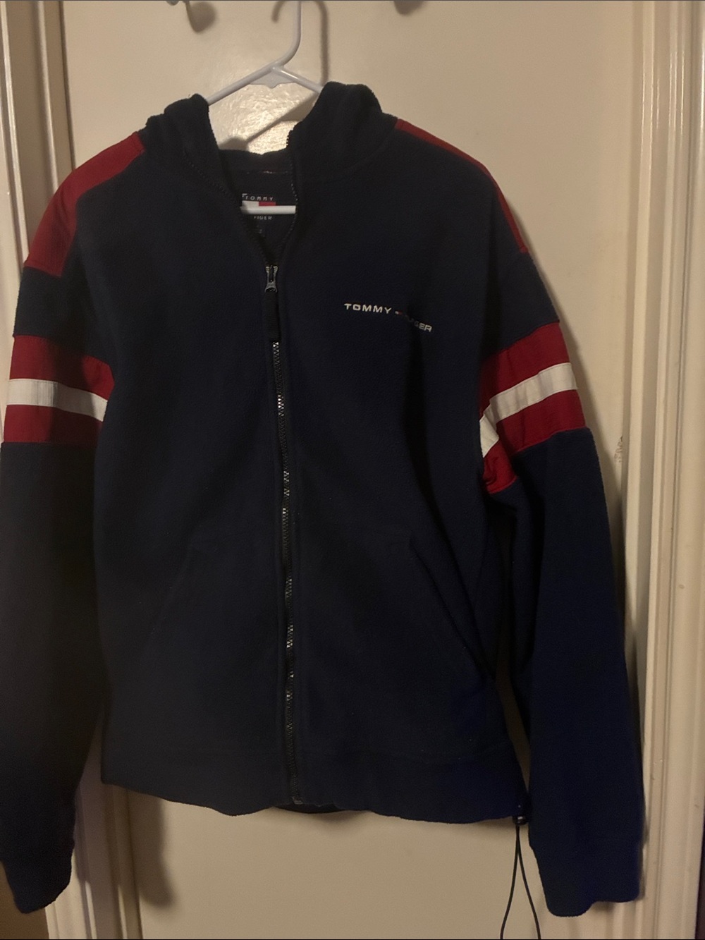 Tommy Hilfiger Navy Hoodie with Red & White Sleeve Stripes